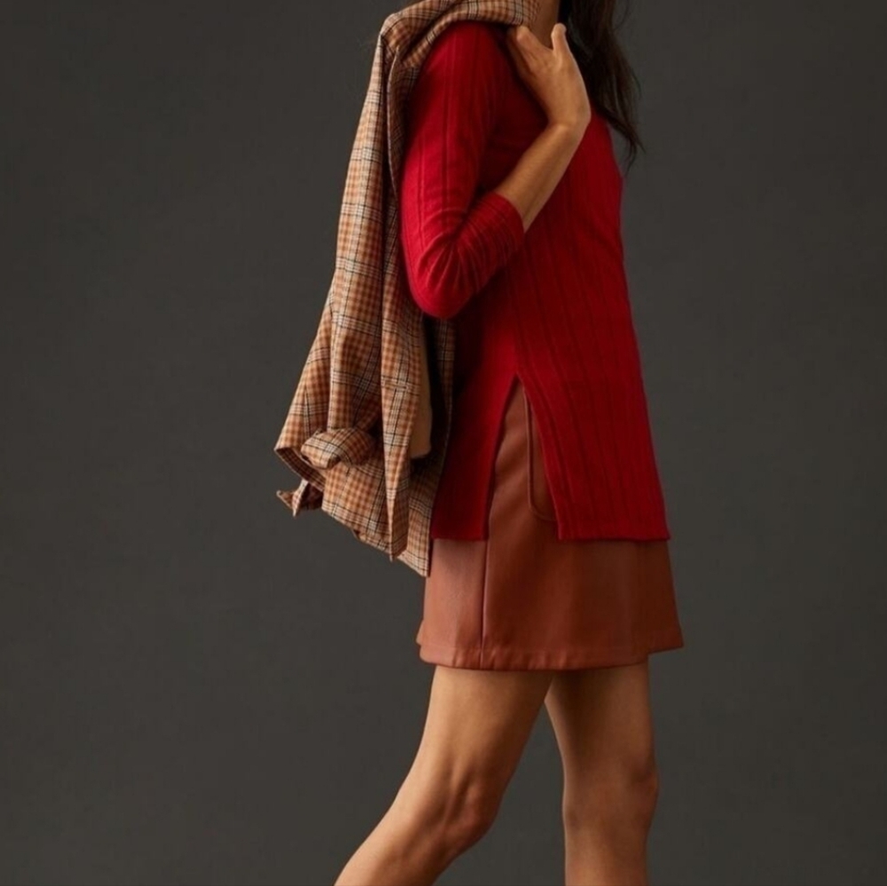 By Anthropologie Women's Red long‎ sleeve Ribbed Side Slit Tunic size XXS